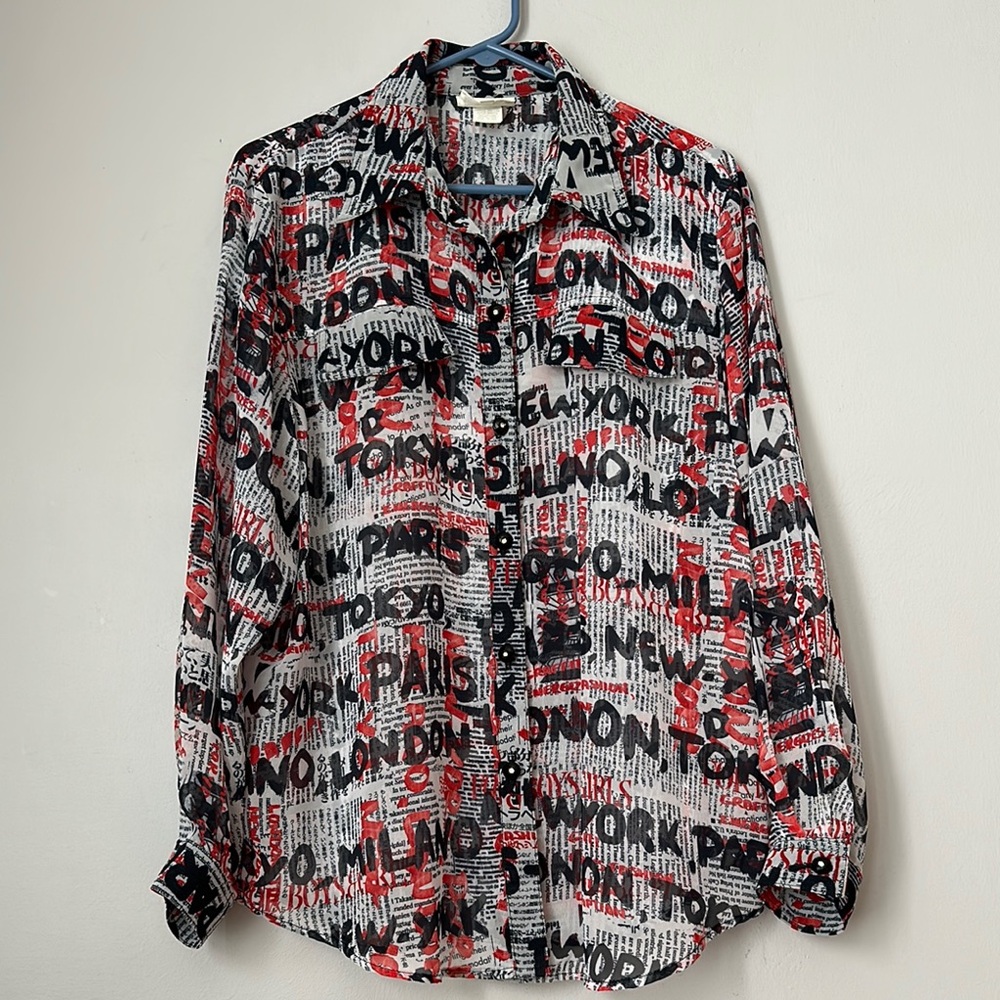 Sheer Fashion Capitals Newspaper Print Button-Up Shirt size XL
